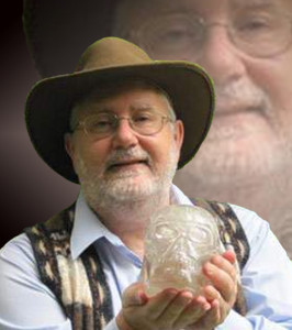 Joshua Shapiro, known as a crystal skull explorer holding one of his personal skulls